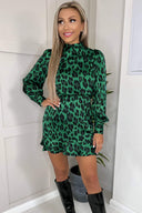 Green Animal Print High Neck Skater Dress