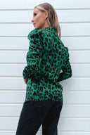 Green and Black Animal Print Ruched Sleeve Shirt