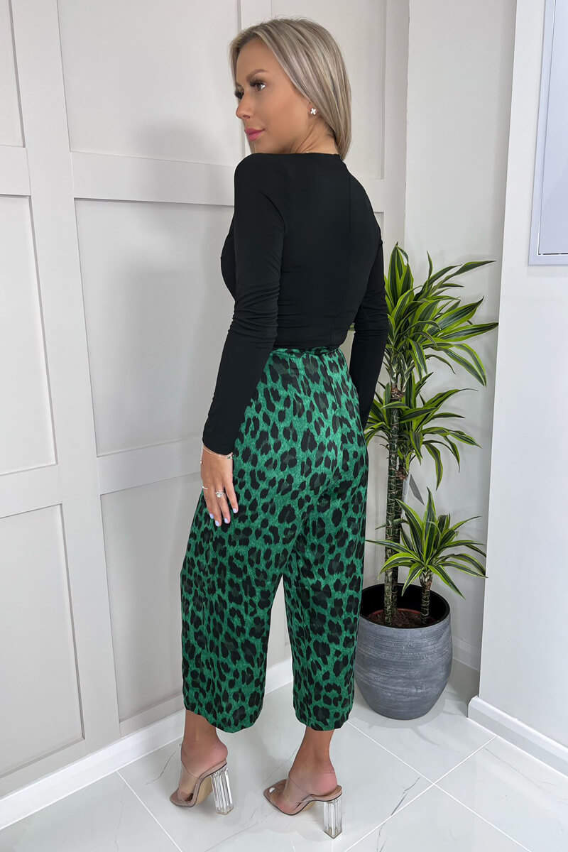 Green And Black Animal Print Long Sleeve 2 In 1 Jumpsuit