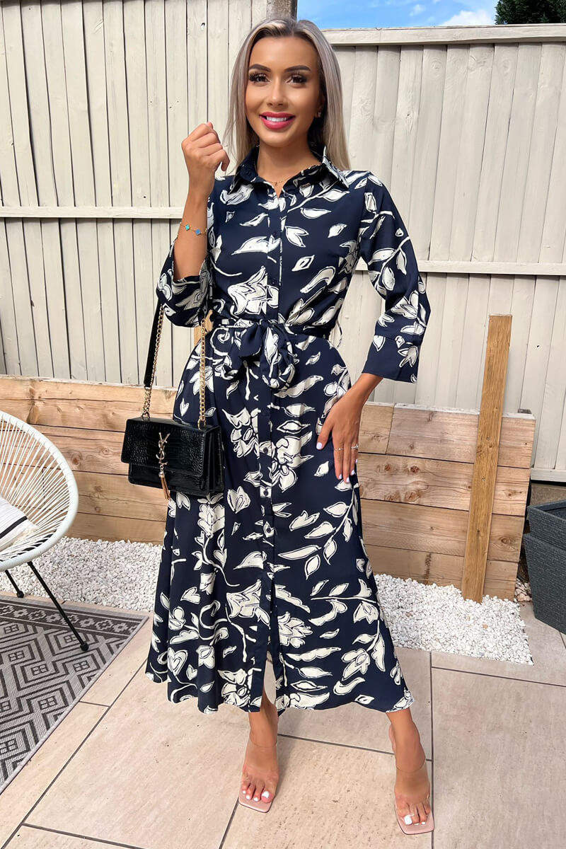 Navy And White Floral Printed Midi Shirt Dress – AX Paris US Navy And White Floral Printed Midi Shirt Dress – AX Paris US