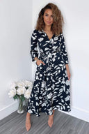 Navy And White Floral Printed Midi Shirt Dress