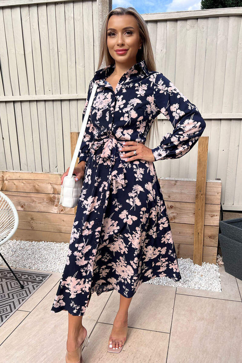 Navy And Pink Floral Button Up Midi Shirt Dress