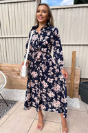 Navy And Pink Floral Button Up Midi Shirt Dress