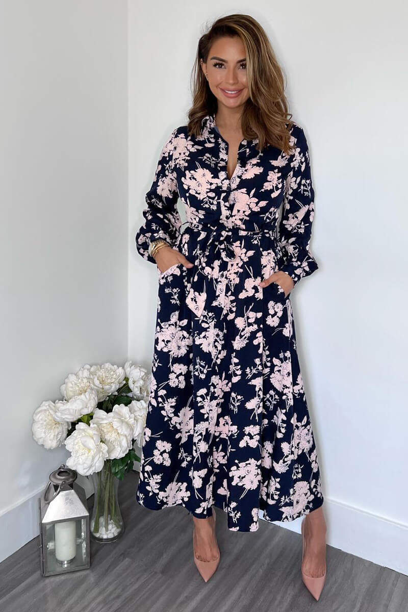 Navy And Pink Floral Button Up Midi Shirt Dress