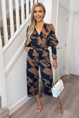 Brown and Navy Printed Wrap Top Culotte Jumpsuit