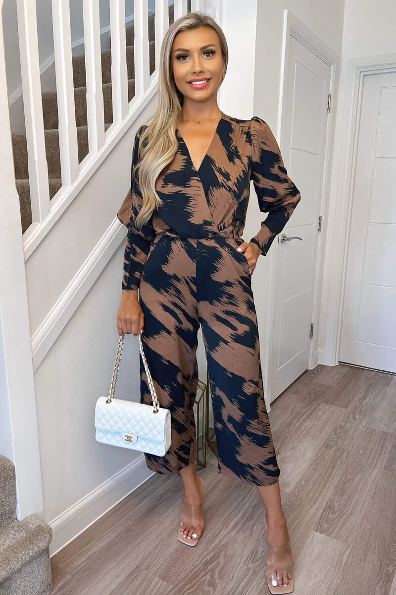Brown and Navy Printed Wrap Top Culotte Jumpsuit
