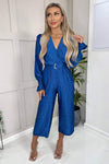 Blue And Black Printed Wrap Over Belted Jumpsuit