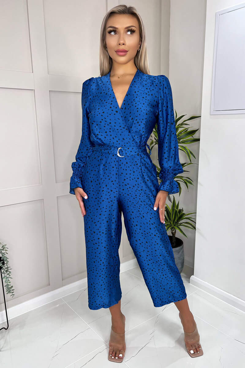 Blue And Black Printed Wrap Over Belted Jumpsuit