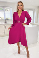 Magenta Long Sleeve Belted Midi Dress