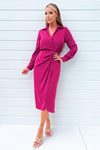 Magenta Long Sleeve Side Ruched Wrap Over Midi Dress