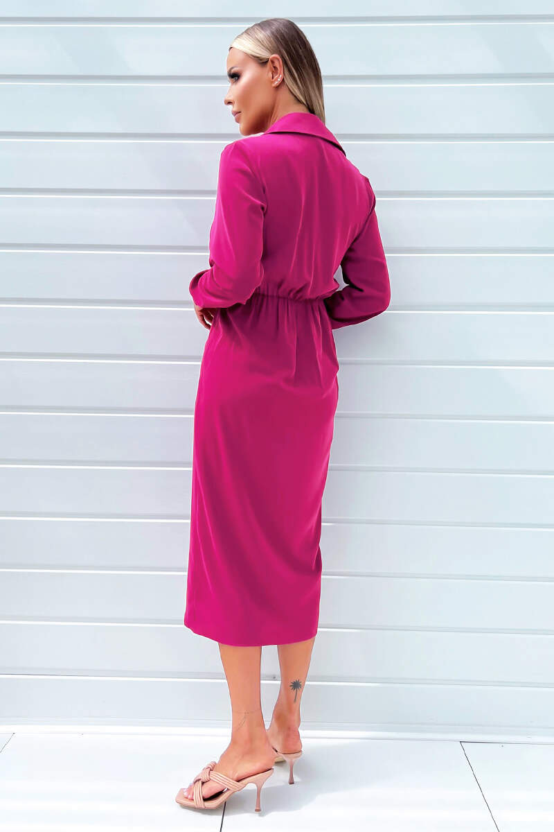 Magenta Long Sleeve Side Ruched Wrap Over Midi Dress