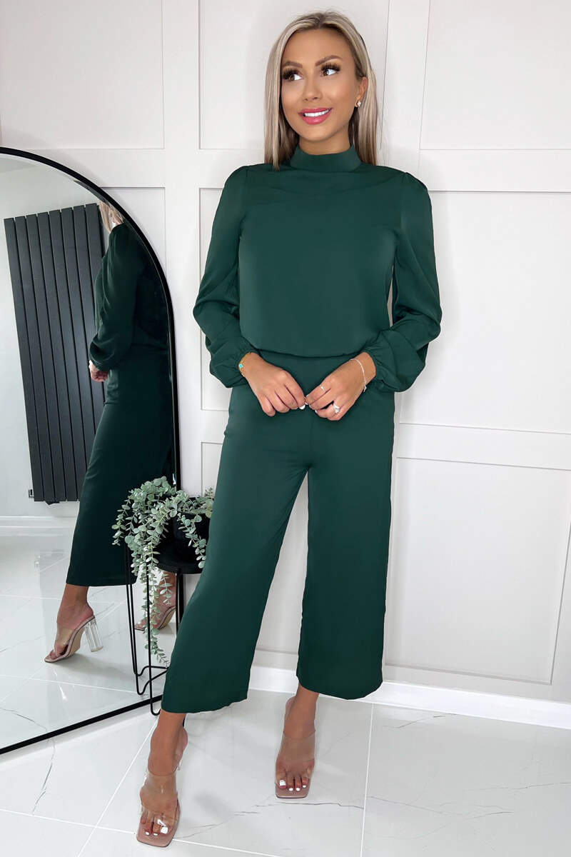 Teal Round Neck Long Sleeve Jumpsuit