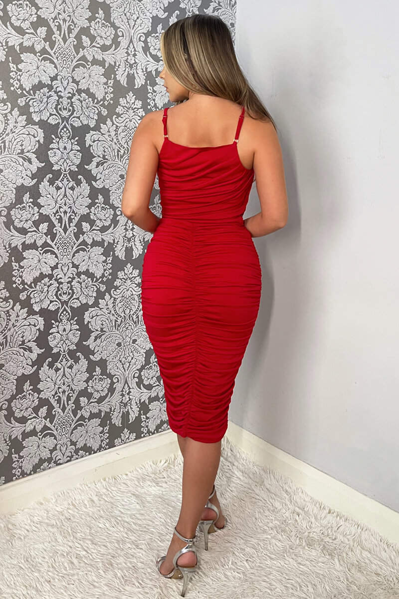 red ruched dress midi Miss Circle Women Dahlina Red Ruched Waist High Slit Midi Dress