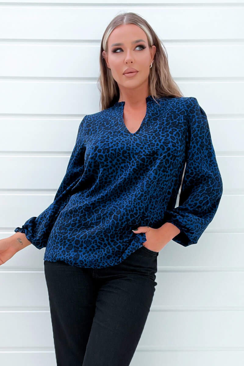 Blue Animal Print Long Sleeve Blouse