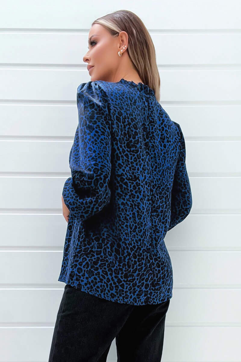 Blue Animal Print Long Sleeve Blouse