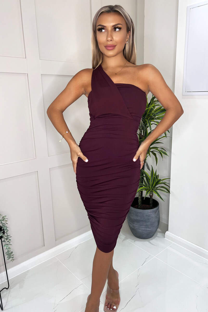 Plum Shoulder Ruched Bodycon Midi Dress