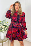 Black Printed Long Sleeve High Neck Belted Mini Skater Dress