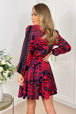 Black Printed Long Sleeve High Neck Belted Mini Skater Dress