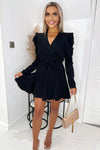 Black Long Sleeve Tie Waist Skater Dress