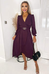 Plum Long Sleeve Belted Midi Dress