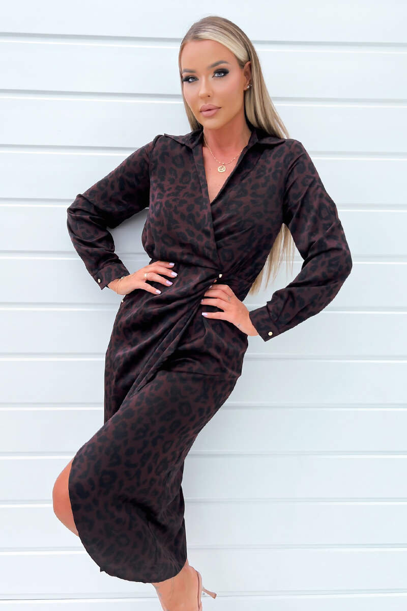 Plum Animal Print Long Sleeve Wrap Midi Dress With Gold Buttons