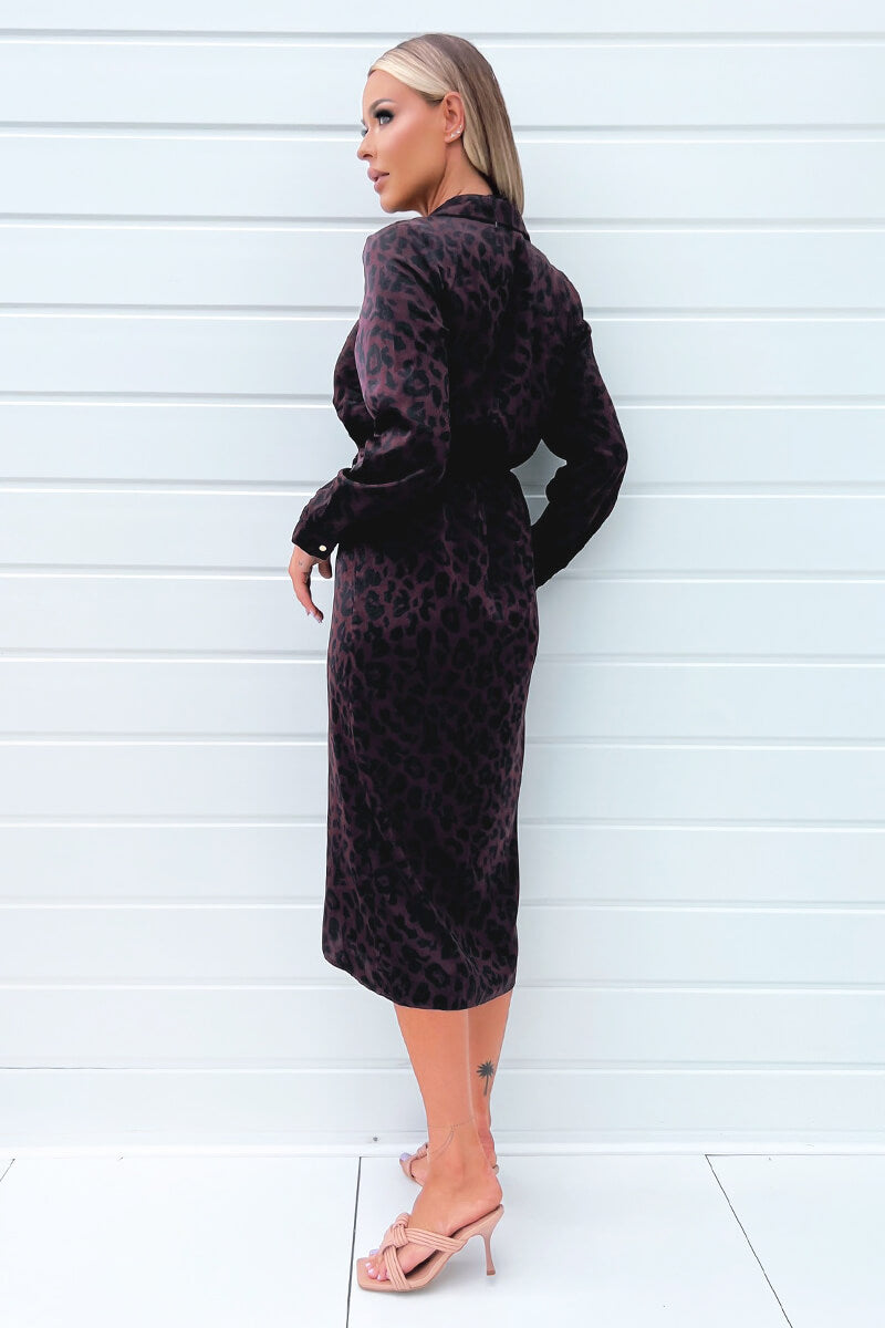 Plum Animal Print Long Sleeve Wrap Midi Dress With Gold Buttons