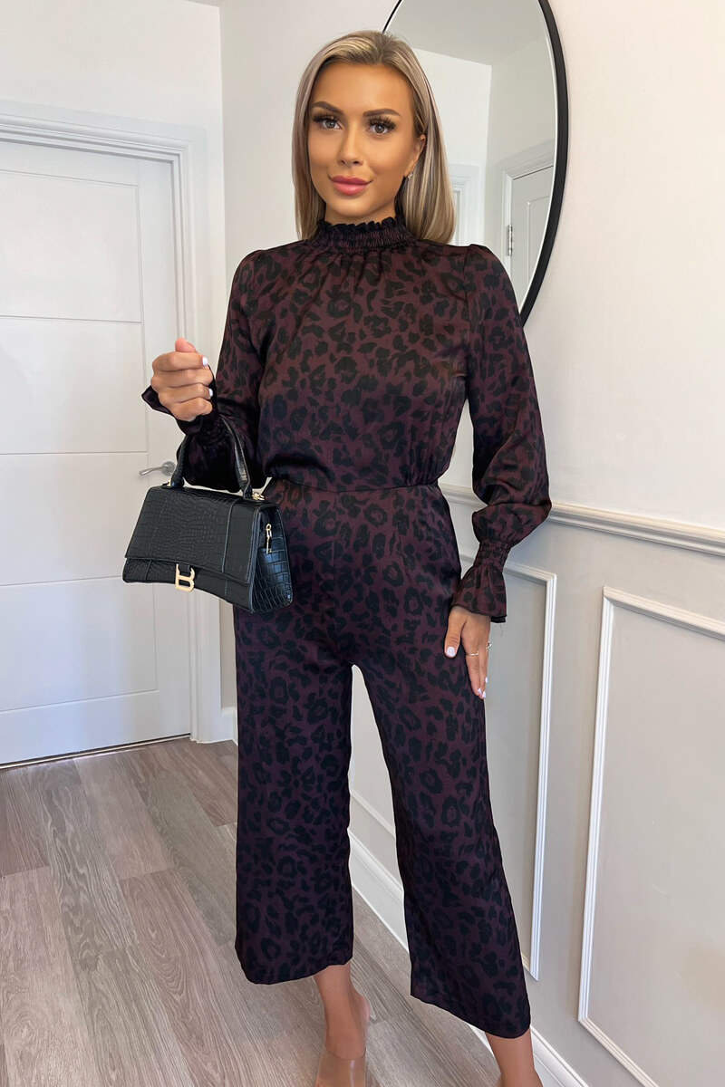 Plum Animal Print High Neck Long Sleeve Jumpsuit