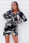 Black And Cream Marble Print Wrap Shirt Mini Dress