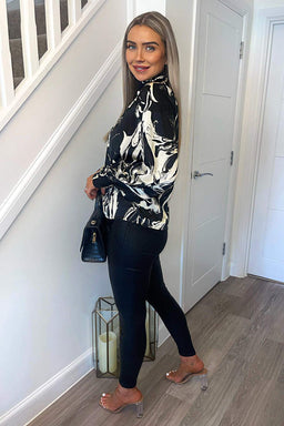 Black And Cream Marble Print  Long Sleeve Top