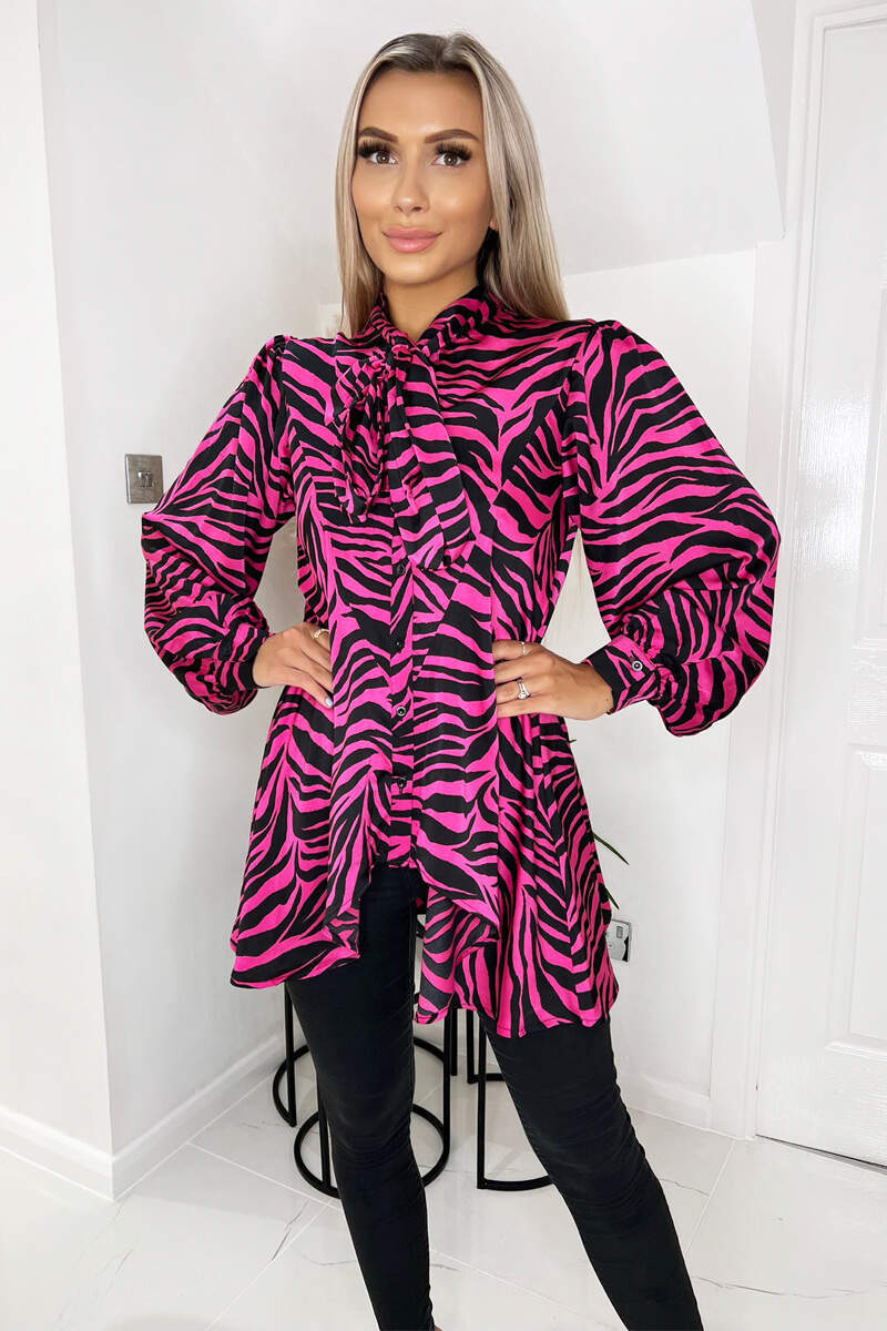 Pink Zebra Print Tie Neck Shirt