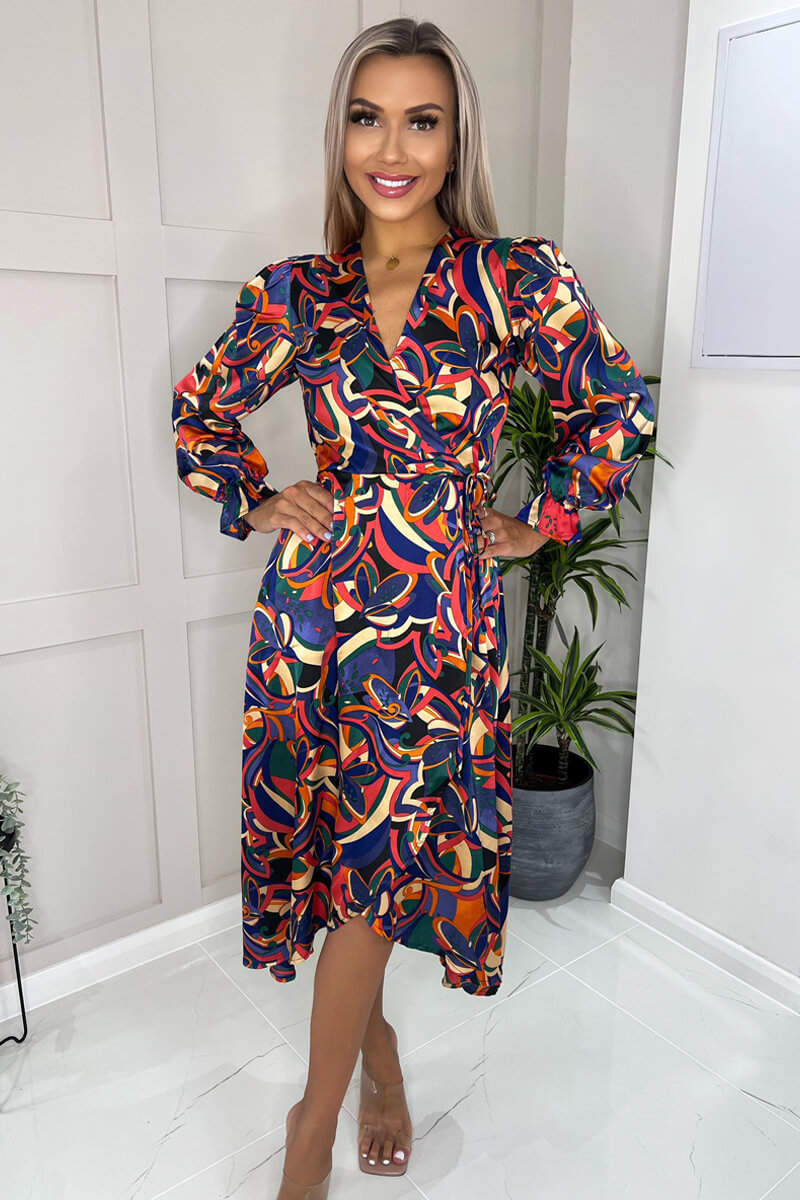 Multi Printed Long Sleeve Wrap Over Midi Dress