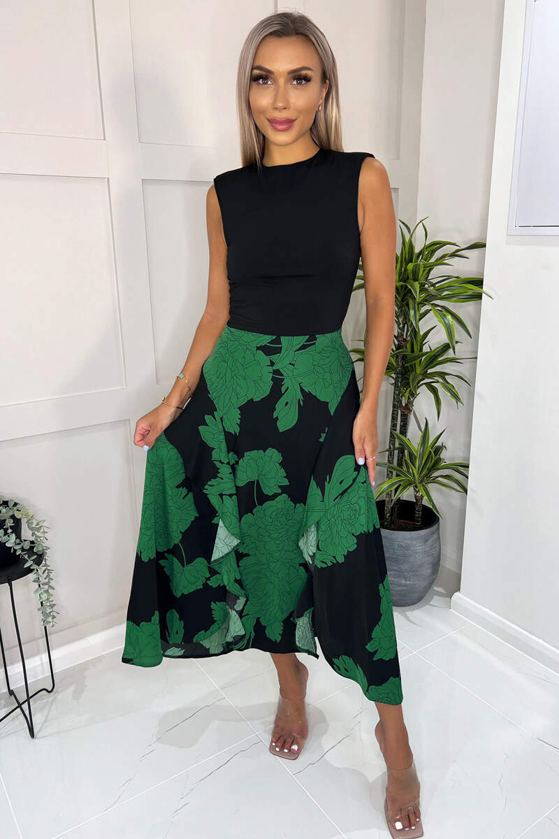 green dress with black flowers Long Mermaid Prom Dress with Flowers