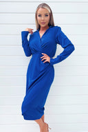 Cobalt Blue Long Sleeve Midi Dress With Shoulder Pads