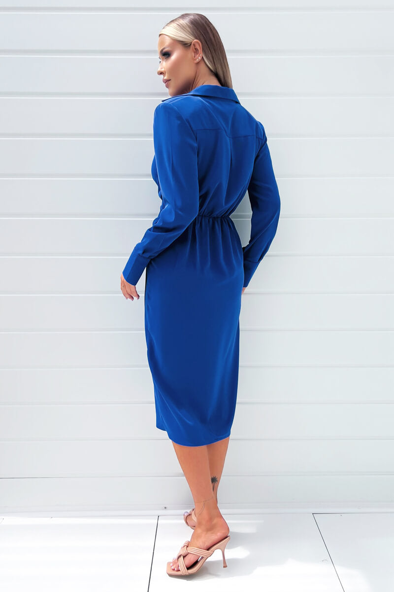 Cobalt Blue Long Sleeve Midi Dress With Shoulder Pads