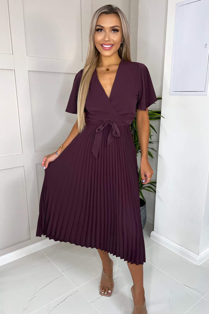 Plum Belted Pleated Skirt Midi Dress