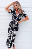 Black And Cream Printed Frill Front Midi Dress