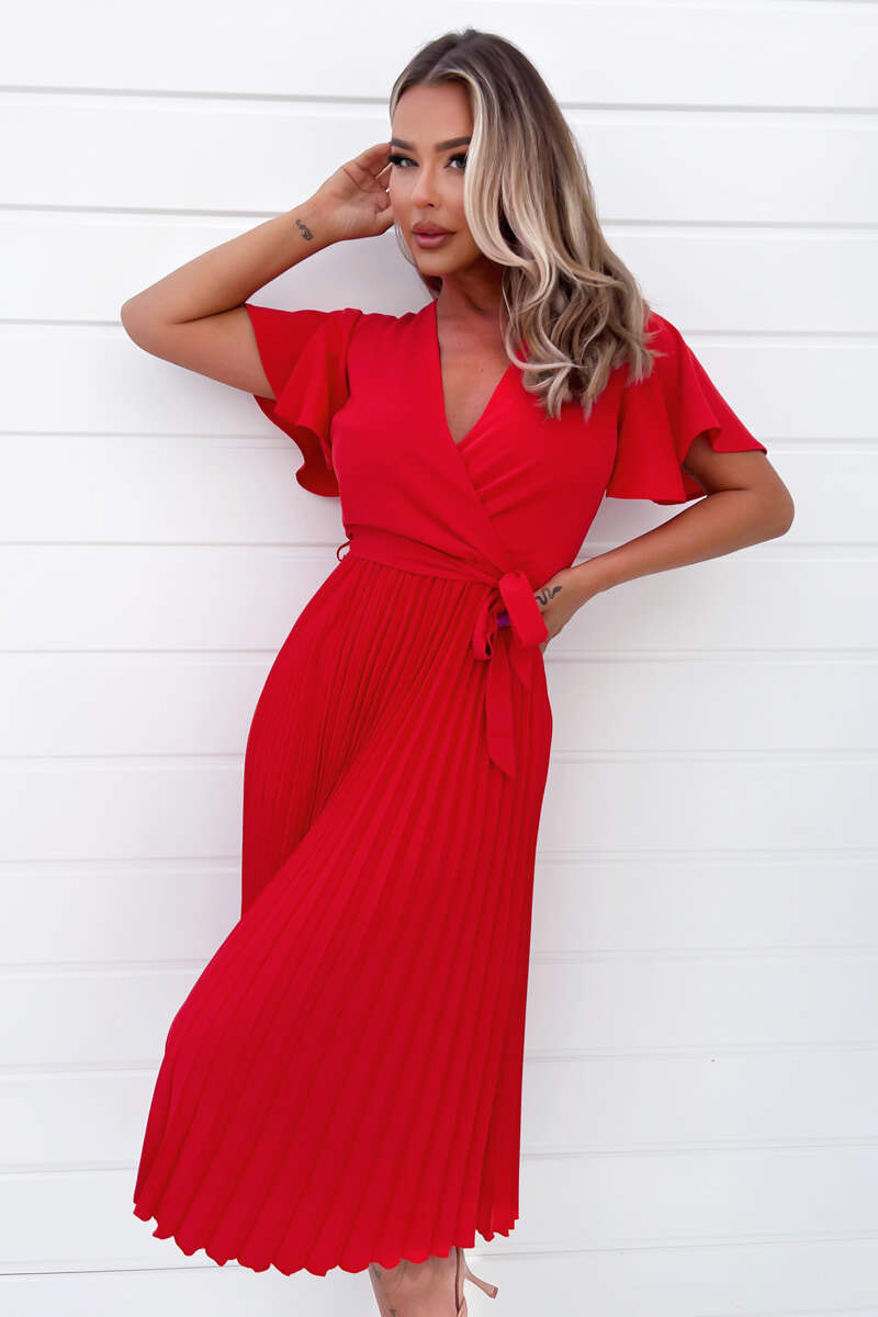 Red Belted Pleated Skirt Midi Dress