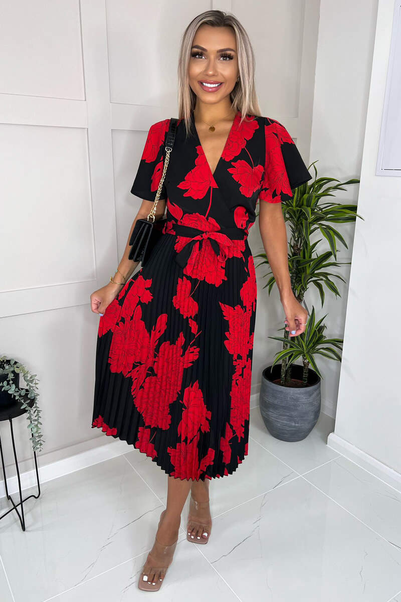 Black And Red Floral Print Pleated Midi Dress