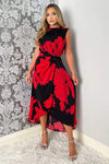 Black And Red Floral Print Wrap Midi Dress