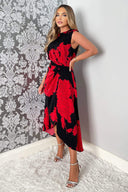 Black And Red Floral Print Wrap Midi Dress