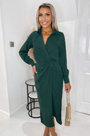 Teal Long Sleeve Side Ruched Wrap Over Midi Dress