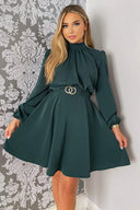 Teal High Neck Long Puff Sleeve Belted Skater Dress