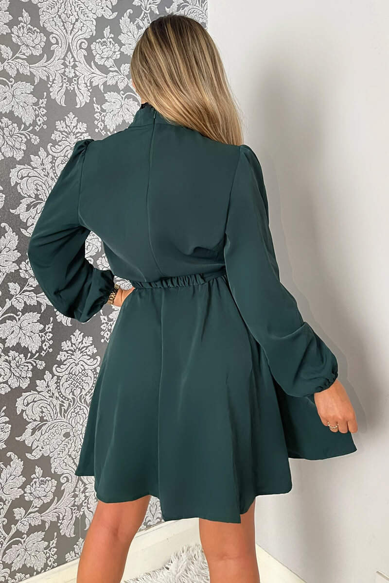 Teal High Neck Long Puff Sleeve Belted Skater Dress