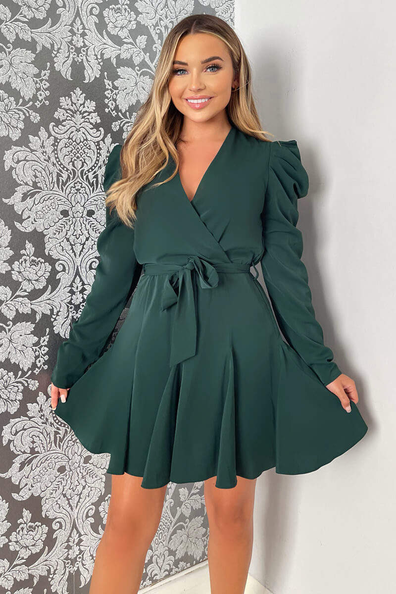 Teal Long Sleeve Tie Waist Skater Dress