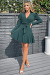 Teal Long Sleeve Tie Waist Skater Dress