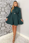 Teal High Neck Long Puff Sleeve Belted Skater Dress