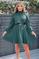 Teal High Neck Long Puff Sleeve Belted Skater Dress