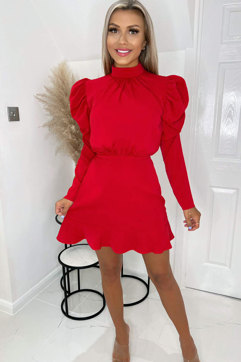 Red Puff Sleeve Skater Dress