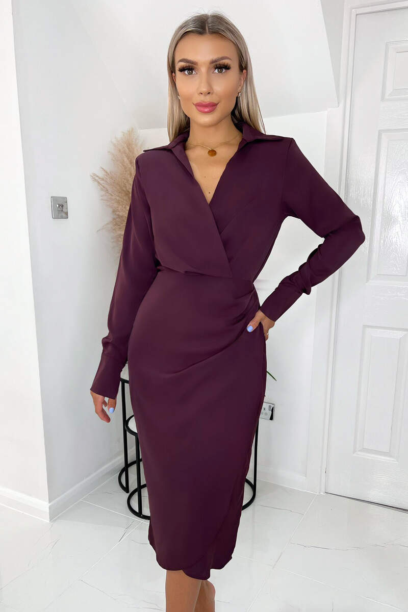 Plum Long Sleeve Midi Dress With Shoulder Pads