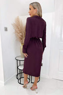 Plum Long Sleeve Midi Dress With Shoulder Pads